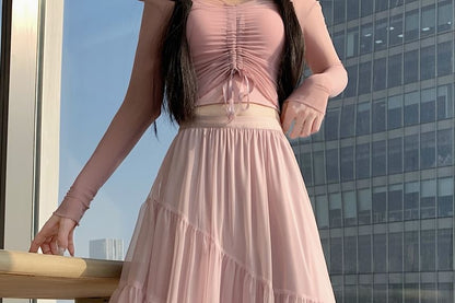 High Waist Plain Asymmetrical Tiered Frill Mesh Midi A-Line Skirt
