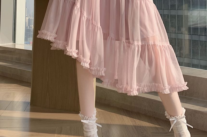 High Waist Plain Asymmetrical Tiered Frill Mesh Midi A-Line Skirt