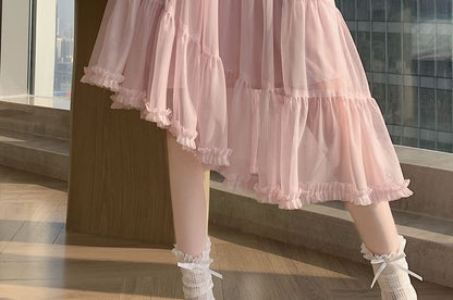 High Waist Plain Asymmetrical Tiered Frill Mesh Midi A-Line Skirt