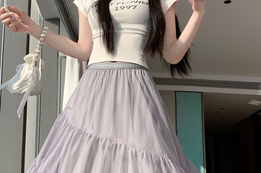 High Waist Plain Asymmetrical Tiered Frill Mesh Midi A-Line Skirt