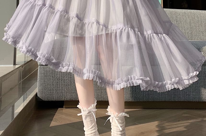 High Waist Plain Asymmetrical Tiered Frill Mesh Midi A-Line Skirt