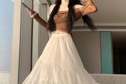 High Waist Plain Asymmetrical Tiered Frill Mesh Midi A-Line Skirt