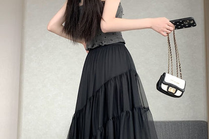 High Waist Plain Asymmetrical Tiered Frill Mesh Midi A-Line Skirt