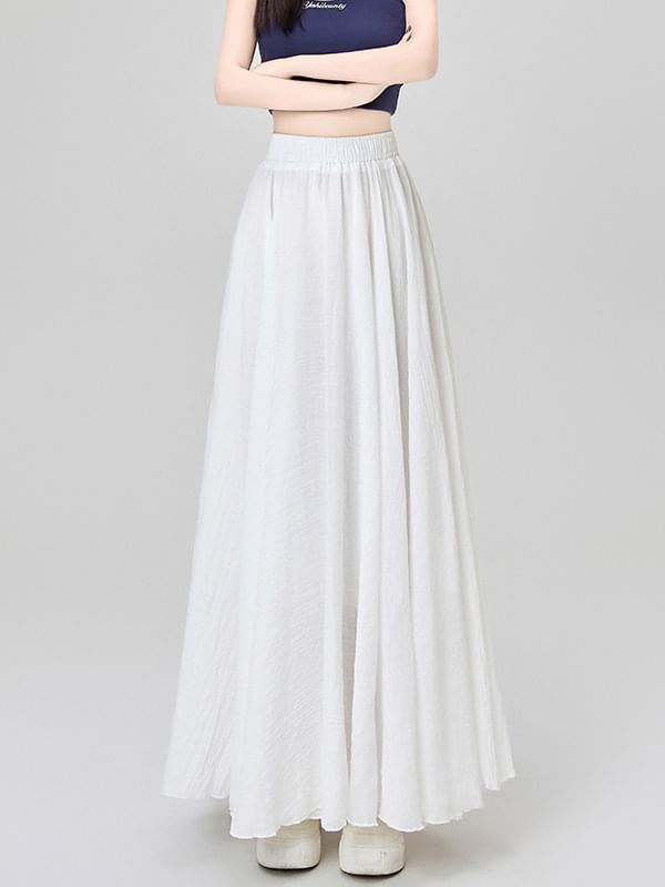 Elastic Waist Plain Maxi A-Line Skirt