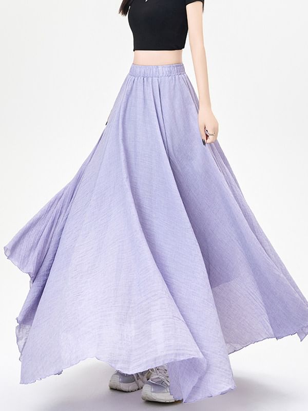 Elastic Waist Plain Maxi A-Line Skirt