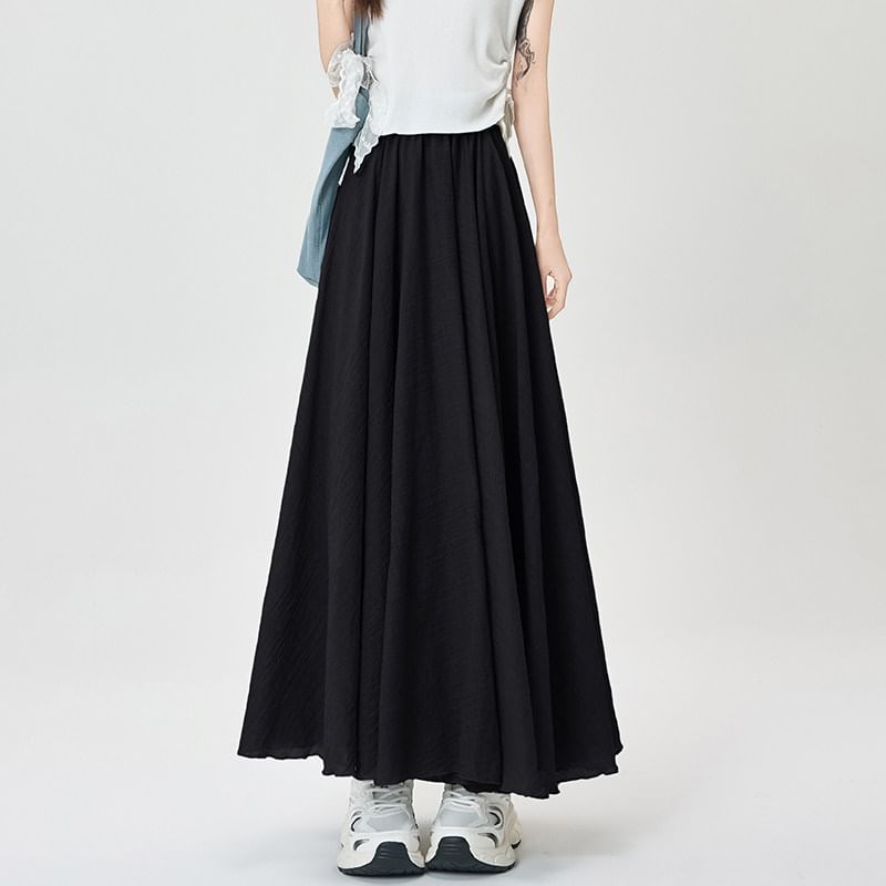 Elastic Waist Plain Maxi A-Line Skirt