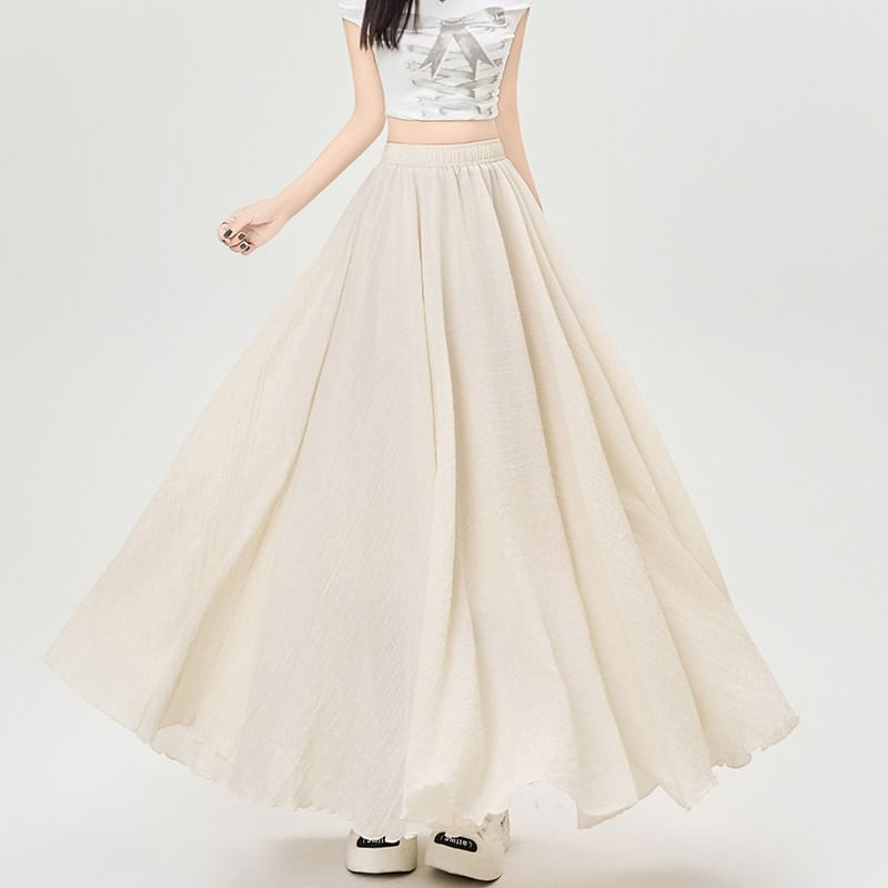 Elastic Waist Plain Maxi A-Line Skirt