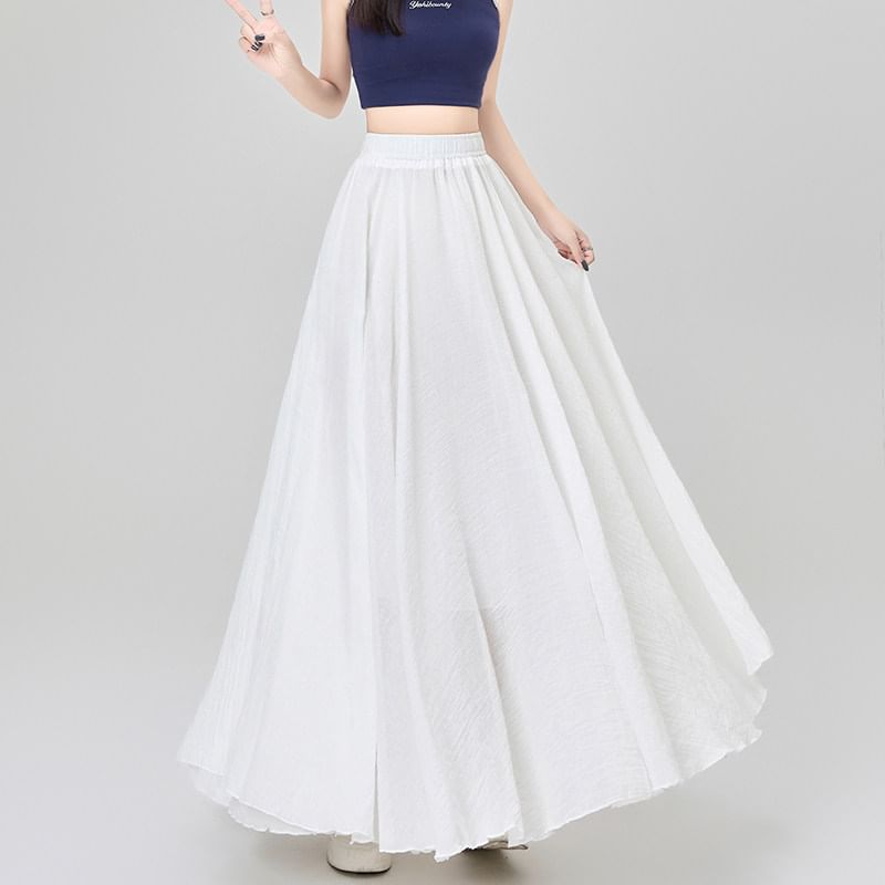 Elastic Waist Plain Maxi A-Line Skirt