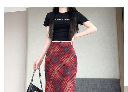 Mid Waist Plaid Maxi Mermaid Skirt