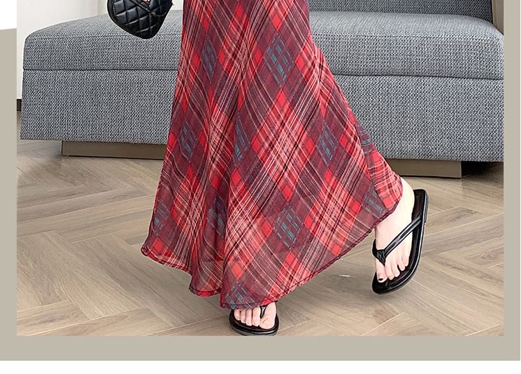 Mid Waist Plaid Maxi Mermaid Skirt