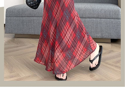 Mid Waist Plaid Maxi Mermaid Skirt