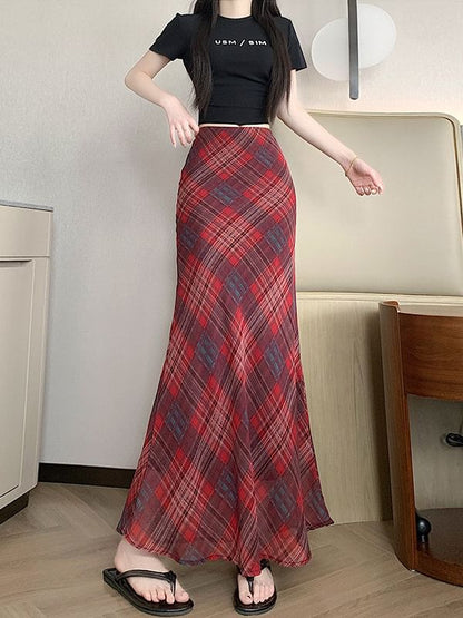 Mid Waist Plaid Maxi Mermaid Skirt