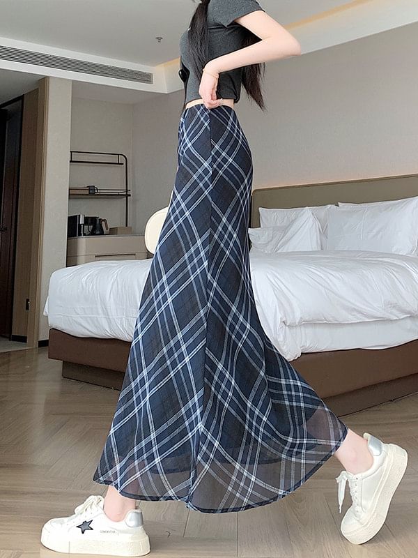 Mid Waist Plaid Maxi Mermaid Skirt
