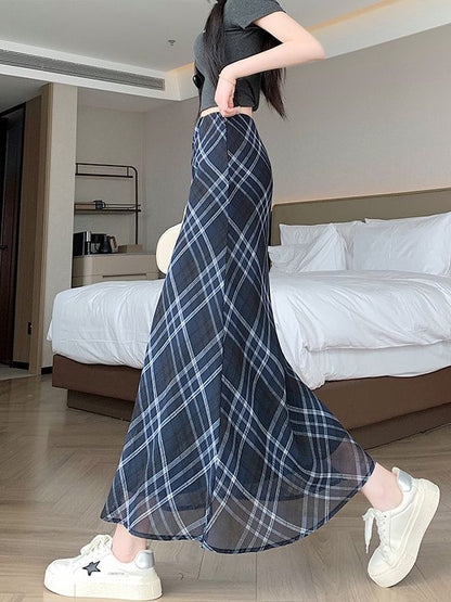 Mid Waist Plaid Maxi Mermaid Skirt