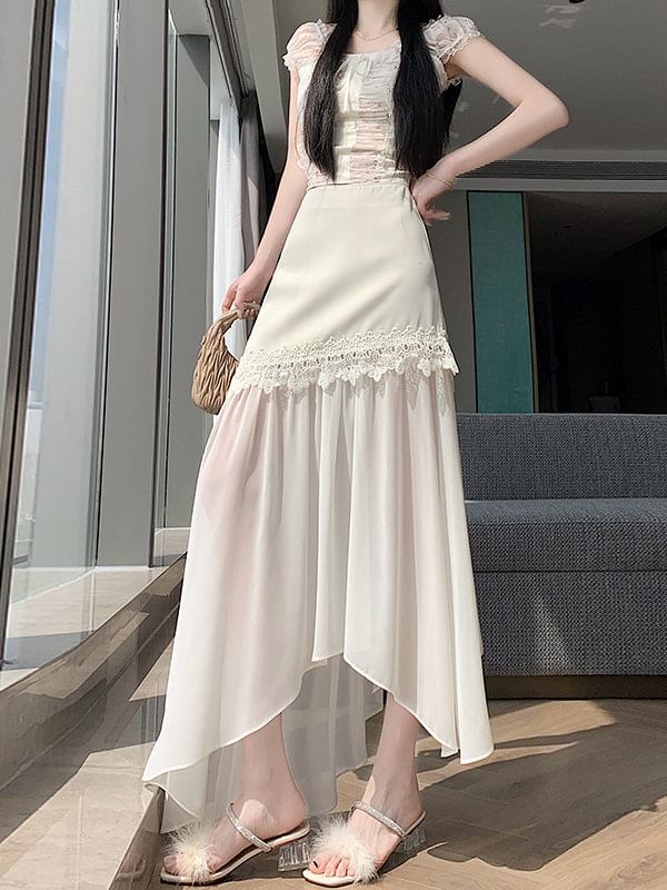 High Waist Plain Asymmetrical Lace Panel Mesh Maxi A-Line Skirt