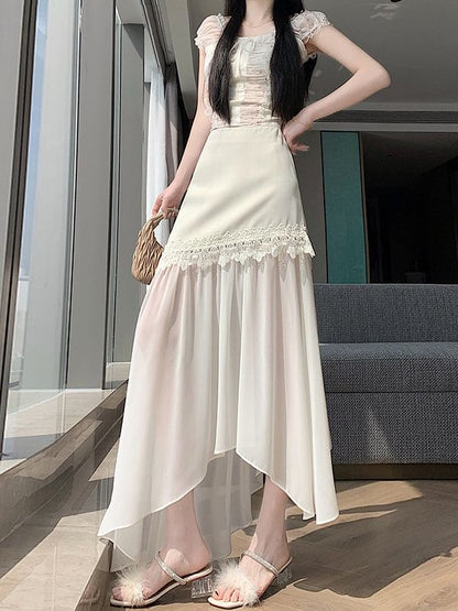 High Waist Plain Asymmetrical Lace Panel Mesh Maxi A-Line Skirt