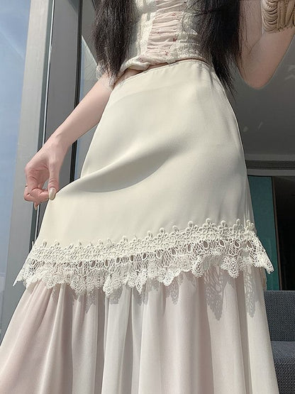 High Waist Plain Asymmetrical Lace Panel Mesh Maxi A-Line Skirt