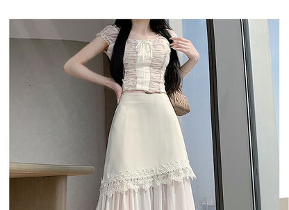 High Waist Plain Asymmetrical Lace Panel Mesh Maxi A-Line Skirt