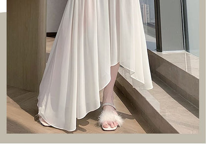 High Waist Plain Asymmetrical Lace Panel Mesh Maxi A-Line Skirt