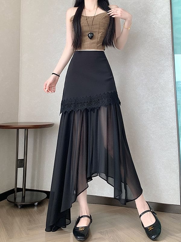 High Waist Plain Asymmetrical Lace Panel Mesh Maxi A-Line Skirt