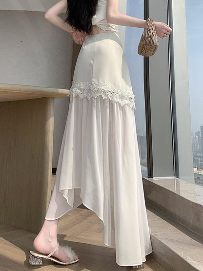 High Waist Plain Asymmetrical Lace Panel Mesh Maxi A-Line Skirt