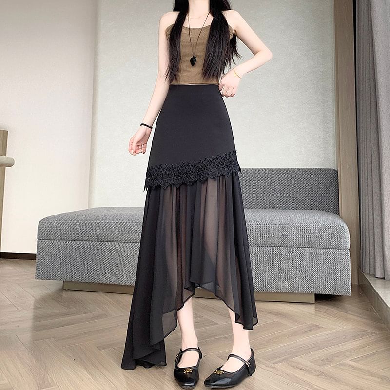 High Waist Plain Asymmetrical Lace Panel Mesh Maxi A-Line Skirt