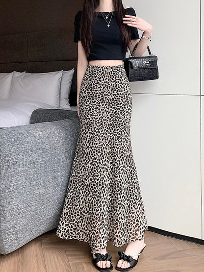 High Waist Leopard Print Maxi Mermaid Skirt