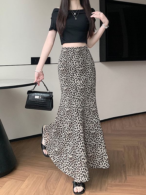 High Waist Leopard Print Maxi Mermaid Skirt