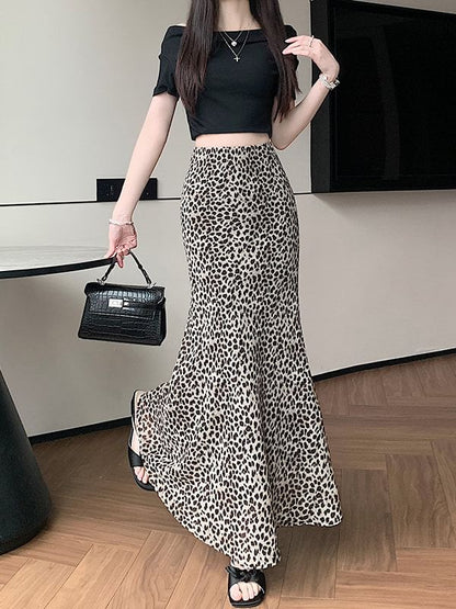 High Waist Leopard Print Maxi Mermaid Skirt