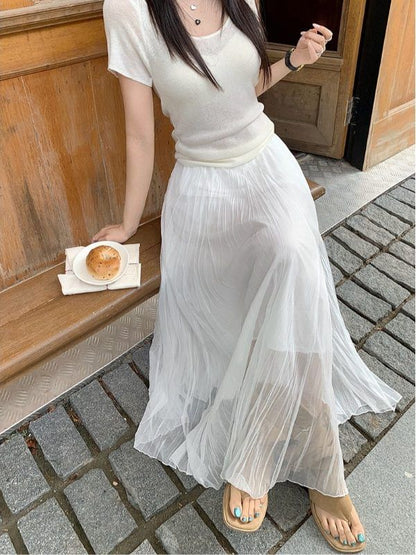 High Waist Plain Mesh Maxi A-Line Skirt