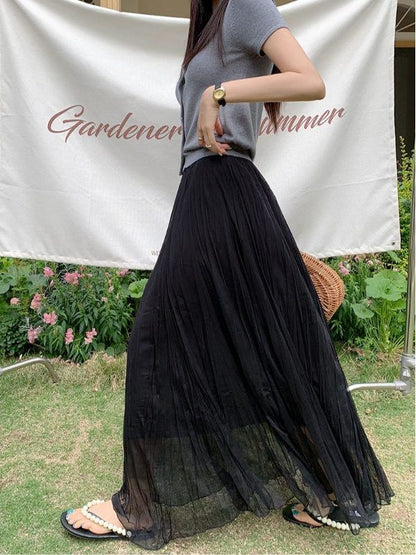 High Waist Plain Mesh Maxi A-Line Skirt