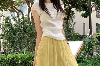 High Waist Plain Mesh Maxi A-Line Skirt