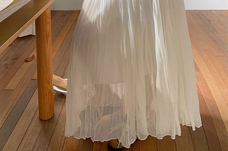 High Waist Plain Mesh Maxi A-Line Skirt