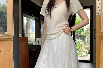 High Waist Plain Mesh Maxi A-Line Skirt