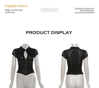Short-Sleeve Cutout Crop top / Low Waist Faux Leather Mini Skirt
