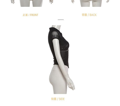 Short-Sleeve Cutout Crop top / Low Waist Faux Leather Mini Skirt