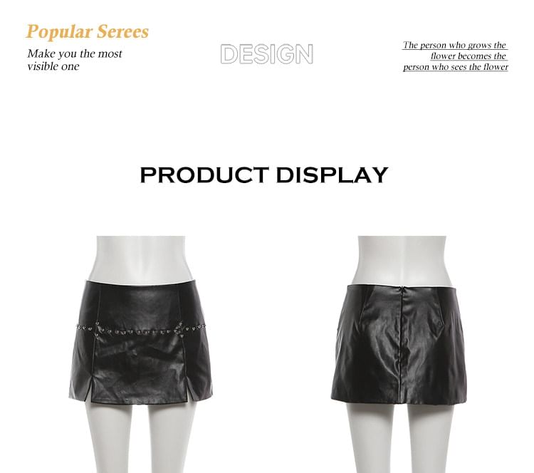 Short-Sleeve Cutout Crop top / Low Waist Faux Leather Mini Skirt