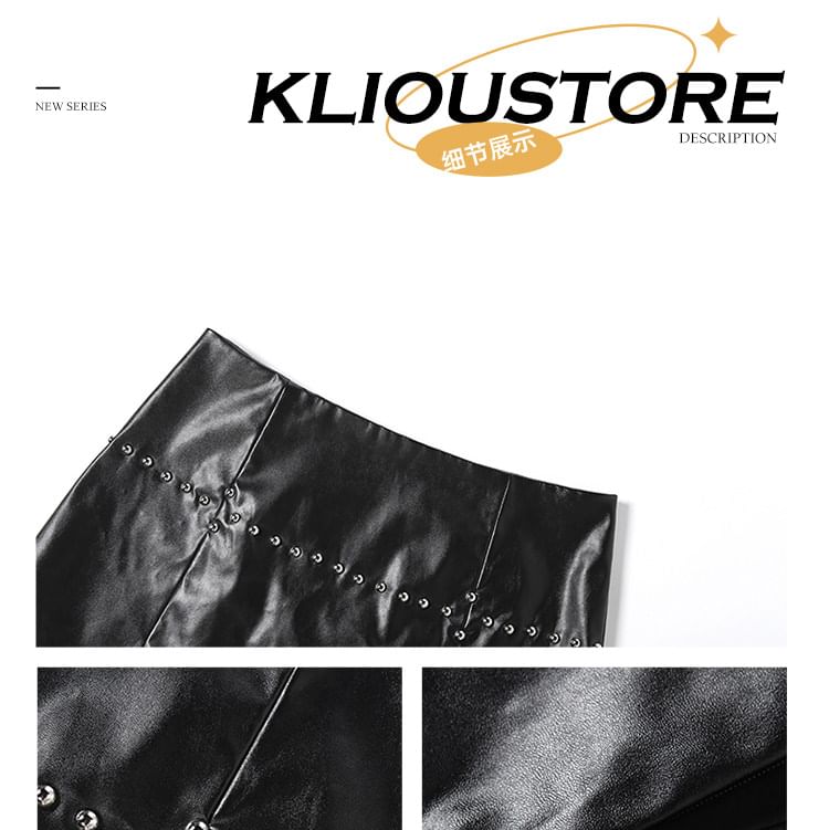 Short-Sleeve Cutout Crop top / Low Waist Faux Leather Mini Skirt