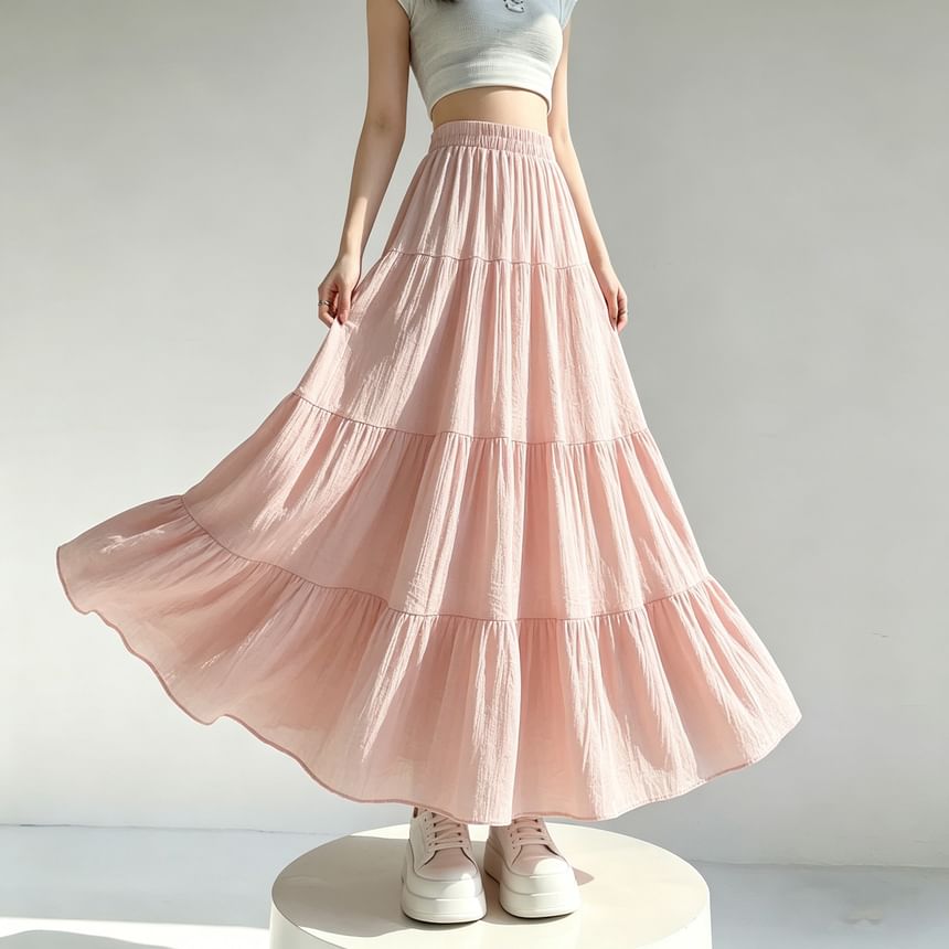 High Waist Plain Midi A-Line Skirt