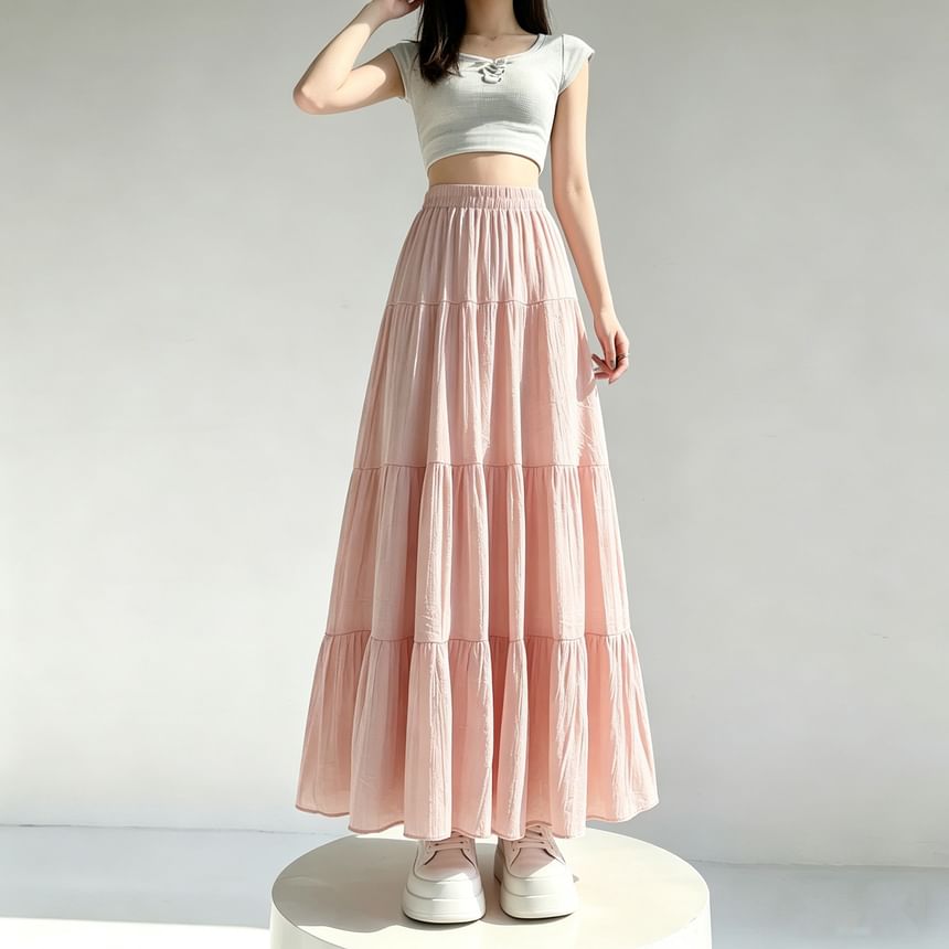 High Waist Plain Midi A-Line Skirt