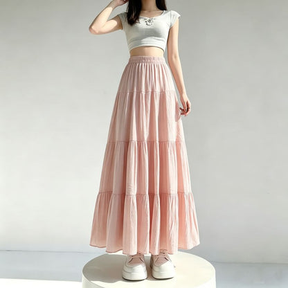 High Waist Plain Midi A-Line Skirt
