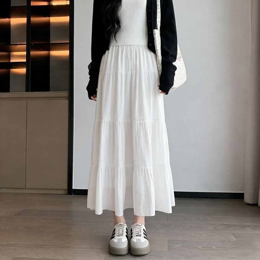 High Waist Plain Midi A-Line Skirt