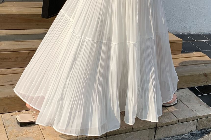 High Waist Plain Accordion Pleated Maxi A-Line Skirt