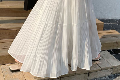 High Waist Plain Accordion Pleated Maxi A-Line Skirt