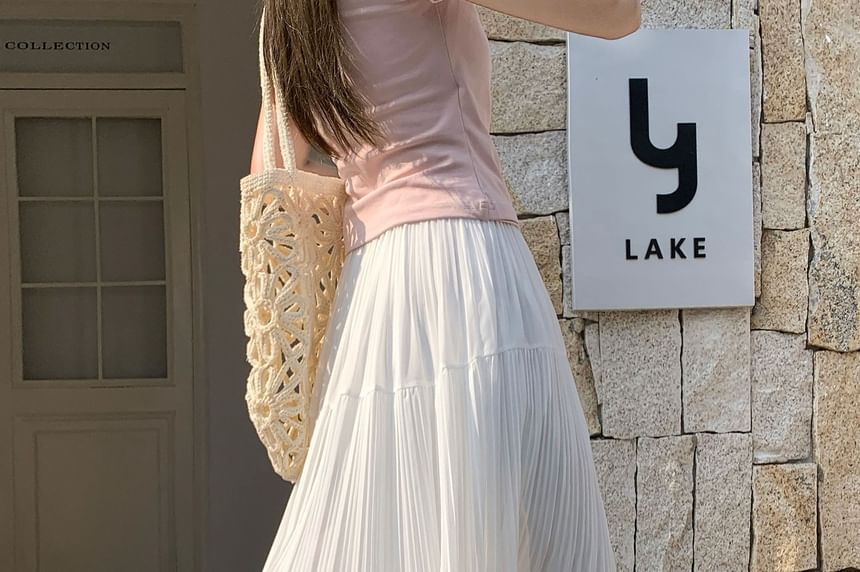 High Waist Plain Accordion Pleated Maxi A-Line Skirt