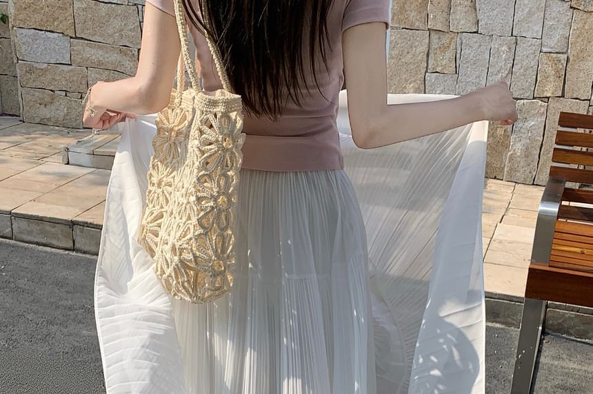 High Waist Plain Accordion Pleated Maxi A-Line Skirt