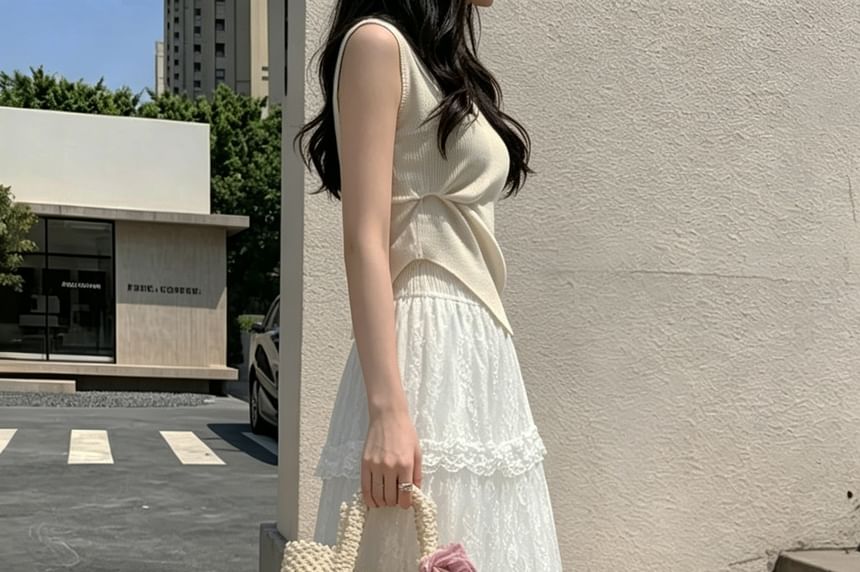 High Waist Tiered Lace Maxi A-Line Skirt