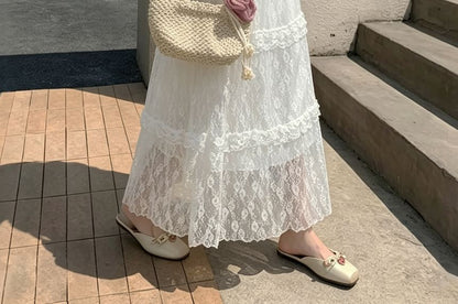 High Waist Tiered Lace Maxi A-Line Skirt