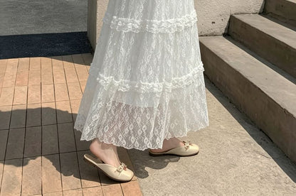 High Waist Tiered Lace Maxi A-Line Skirt