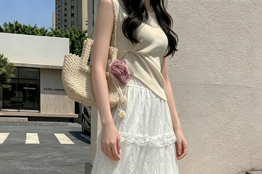High Waist Tiered Lace Maxi A-Line Skirt